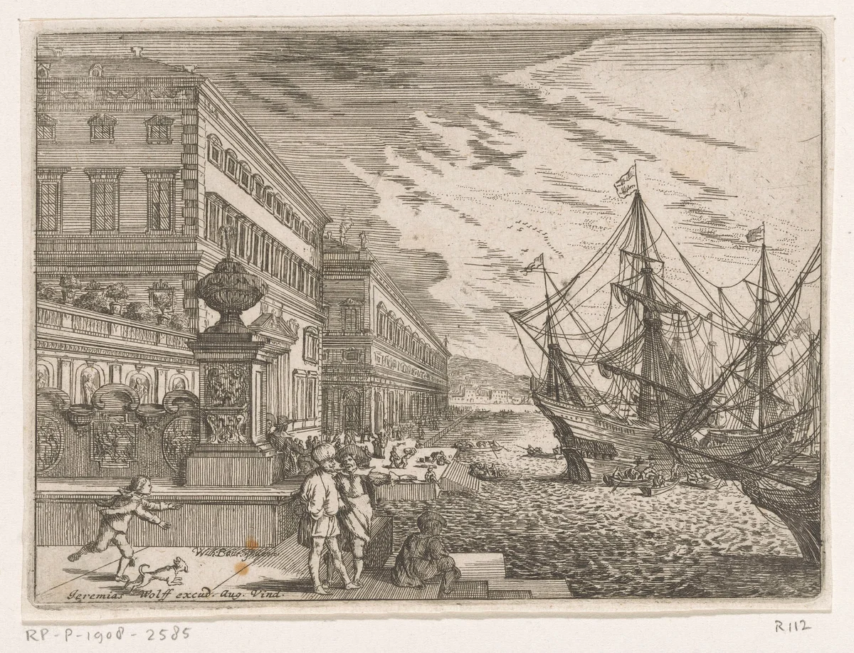 Havengezicht met zeilschepen voor een paleis by Johann Wilhelm Baur, print, 1640