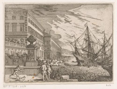 Havengezicht met zeilschepen voor een paleis by Johann Wilhelm Baur, print, 1640
