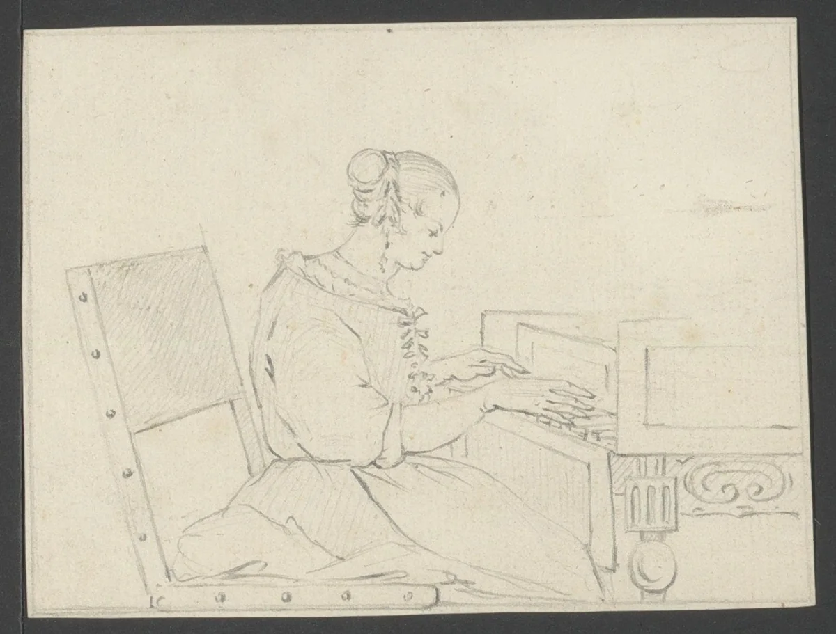 Vrouw bespeelt een klavecimbel by anonymous, drawing, 1800-1899