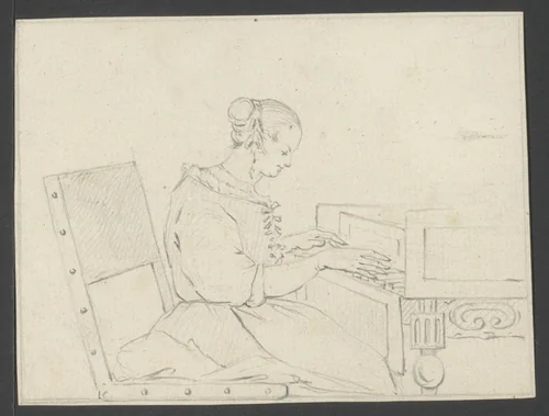 Vrouw bespeelt een klavecimbel by anonymous, drawing, 1800-1899