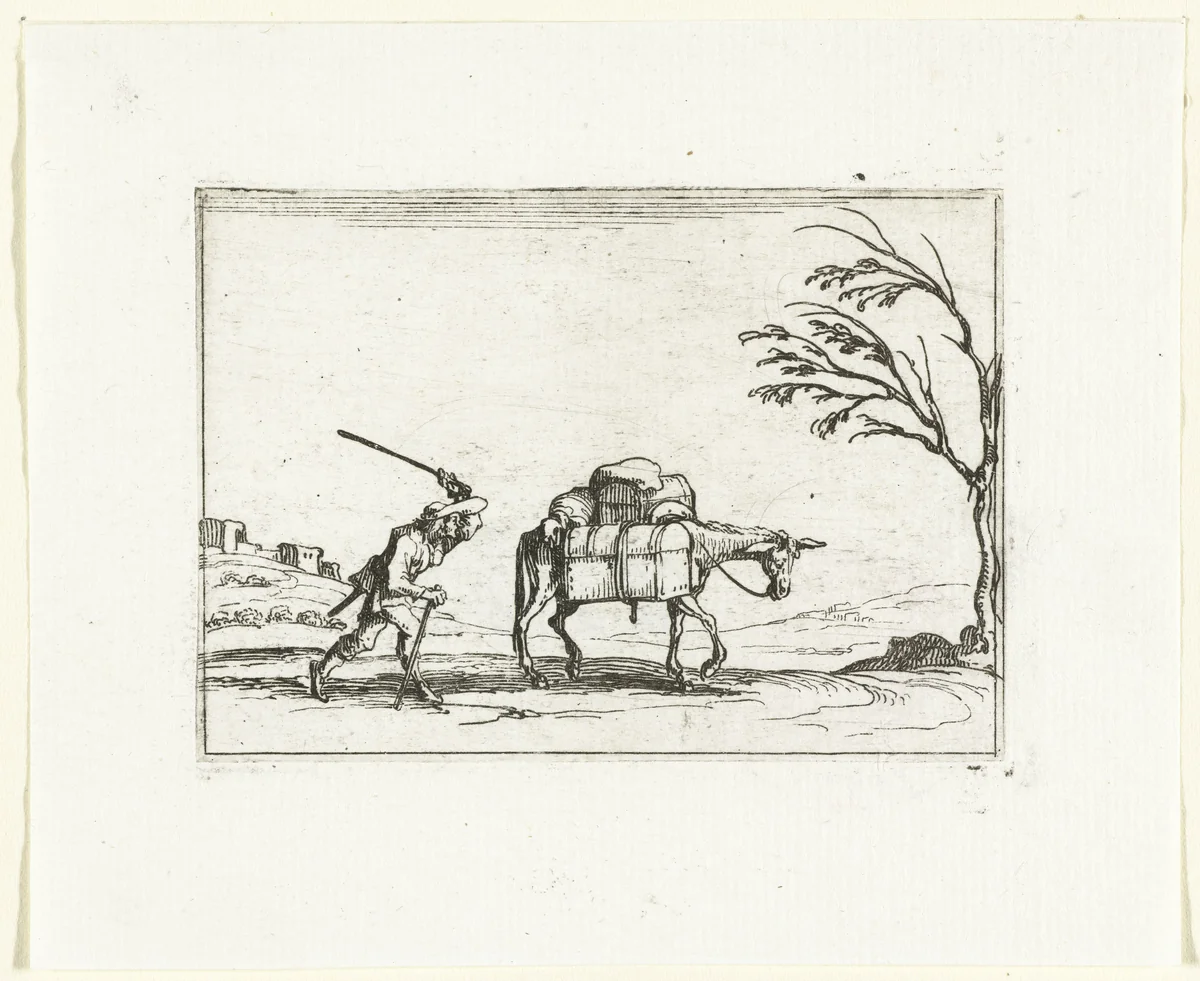Een boer slaat zijn pakezel by Jacques Callot, print, 1621-1635