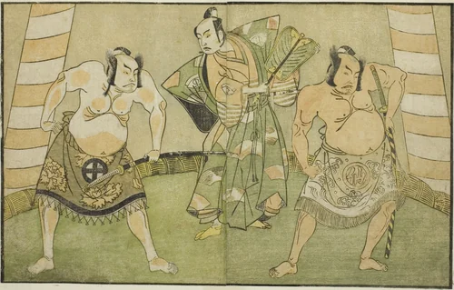The Actors Nakamura Sukegoro II as Matano no Goro (right), Onoe Kikugoro I as Soga no Taro (center), and Otani Hiroji III as Kawazu no Saburo (left), in the Play Myoto-giku Izu no Kisewata, Performed at the Ichimura Theater in the Eleventh Month, 1770 by Katsukawa Shunsho (勝川 春章), print, 1767-1777