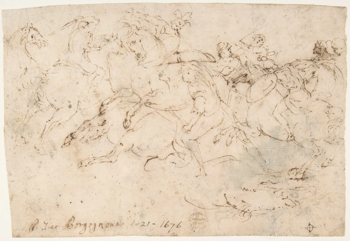 Cavalry Engagement (recto); Concert of Angels (verso) by Francesco Allegrini, drawing, 1624-1663
