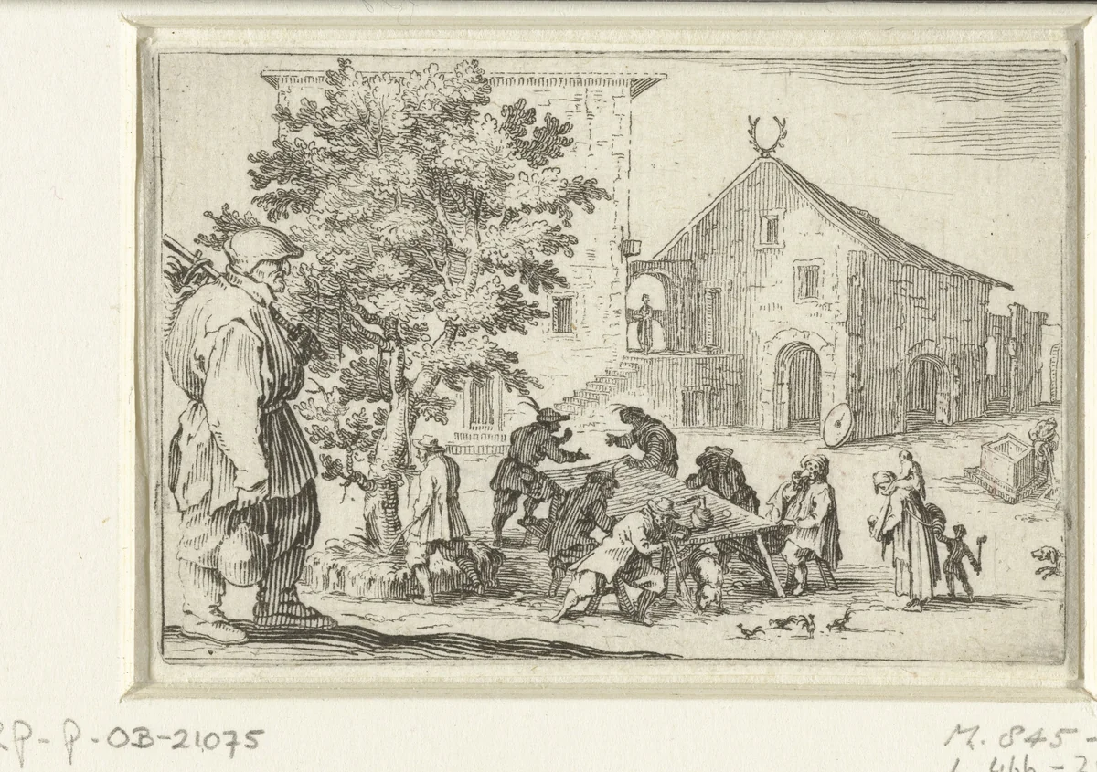 Man met tas en knapzak bij herberg by Jacques Callot, print, 1621