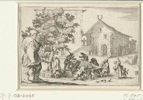 Man met tas en knapzak bij herberg by Jacques Callot, print, 1621