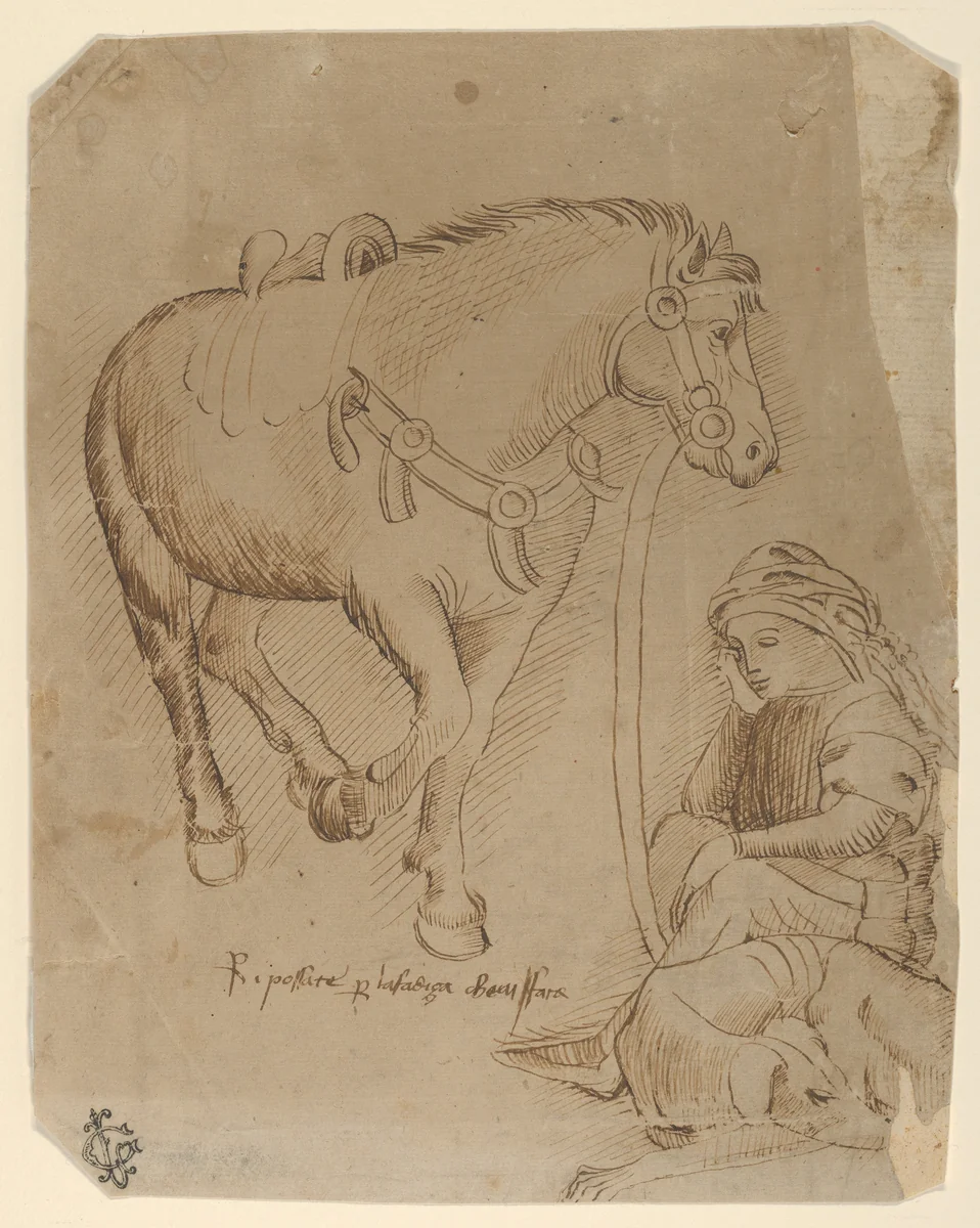 A Man Asleep Alongside a Dog and a Horse by Stefano da Verona, drawing, 1400-1435