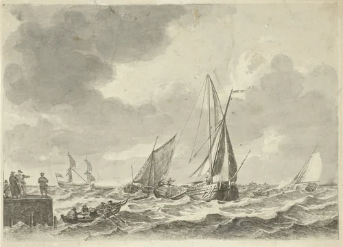Zeilschepen op woelig water by Gerrit Groenewegen, print, 1769-1826