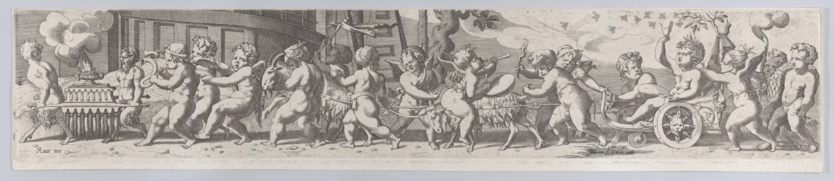 The triumph of the infant Bacchus, who is being pulled along in a chariot by putti playing musical instruments by René Boyvin, print, 1545-1565