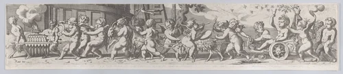 The triumph of the infant Bacchus, who is being pulled along in a chariot by putti playing musical instruments by René Boyvin, print, 1545-1565