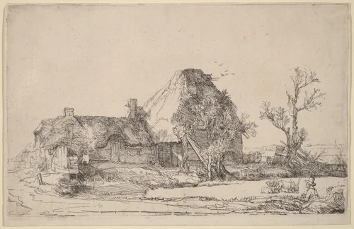Cottages and Farm Buildings with a Man Sketching by Rembrandt van Rijn, print, 1645