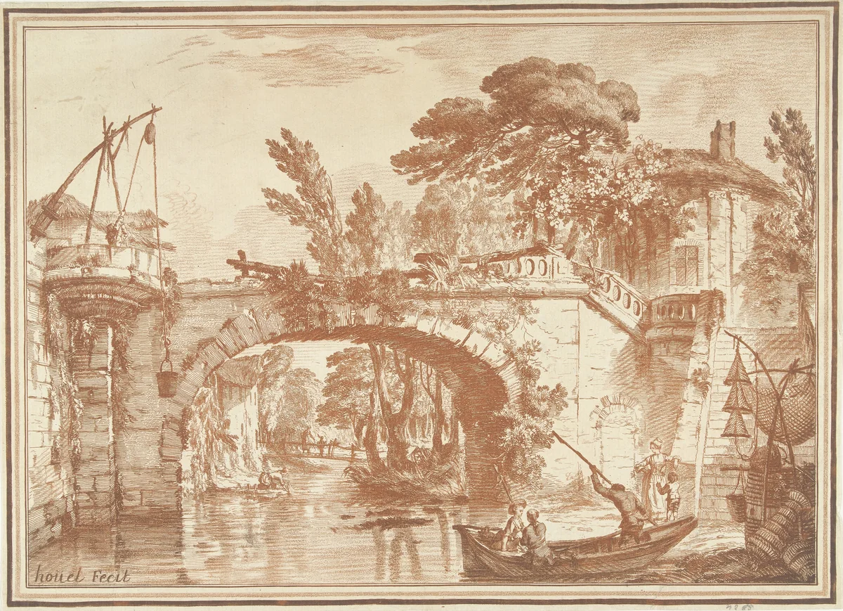 Zuidelijk landschap met brug en huizen bij rivier by Gilles Demarteau, print, 1732-1776