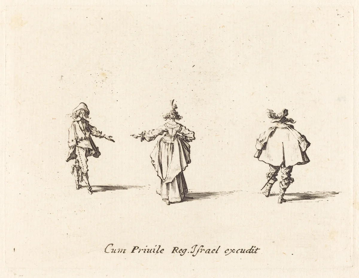 Lady with Outstretched Arm, Seen from Behind, and Two Gentlemen by Jacques Callot, print, 1628-1638