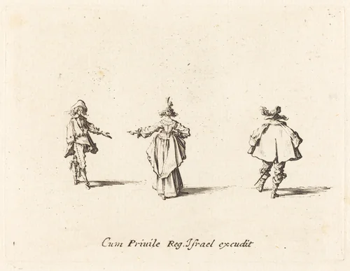 Lady with Outstretched Arm, Seen from Behind, and Two Gentlemen by Jacques Callot, print, 1628-1638