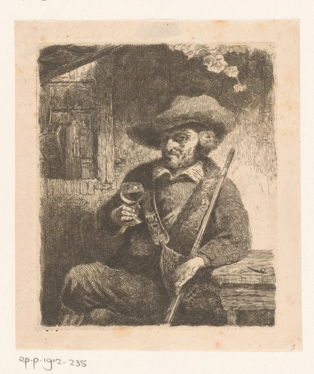Jager drinkt een glas wijn by Willem Linnig, print, 1829-1885