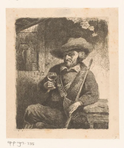 Jager drinkt een glas wijn by Willem Linnig, print, 1829-1885