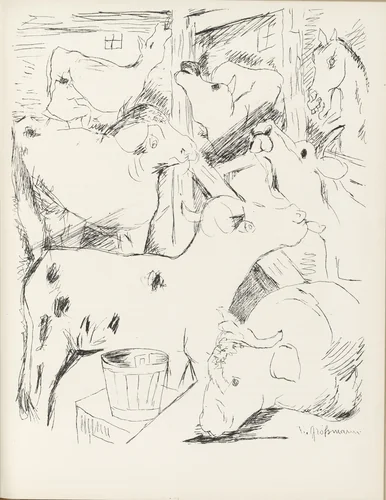 Ox Stable (Ochsenstall) (plate, page 63) from the periodical Münchner Blätter für Dichtung und Graphik, vol. 1, no. 4 (April 1919) by Rudolf Grossmann, periodical, 1919