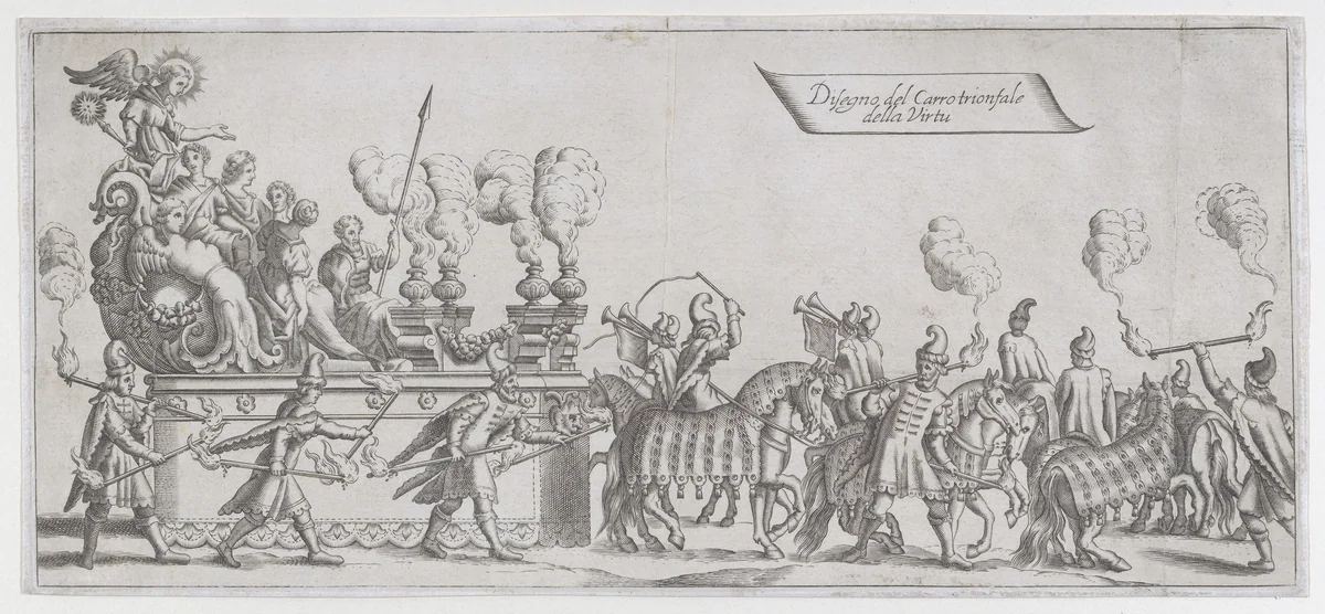 Design of the triumphal chariot of the Virtues by anonymous, print, 1600-1699