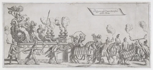 Design of the triumphal chariot of the Virtues by anonymous, print, 1600-1699