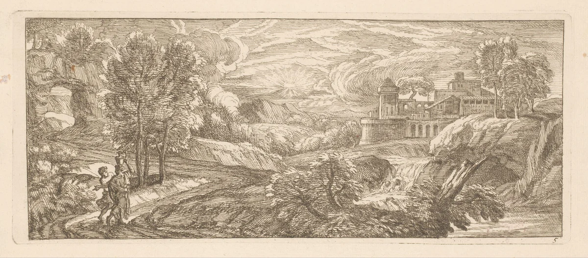 Rivierlandschap met twee wandelende figuren by Gérard Audran, print, 1650-1703