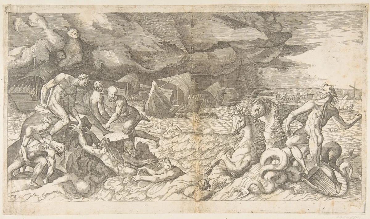 Neptune calming the Tempest Aeolus raised against the Fleet of Aeneas by Giulio Bonasone, print, 1531-1576