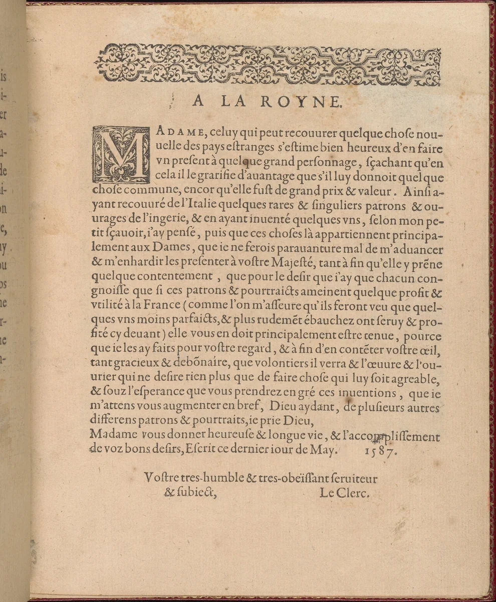 Les Singuliers et Nouveaux Portraicts... page 4 (recto) by Federico de Vinciolo, book, 1588