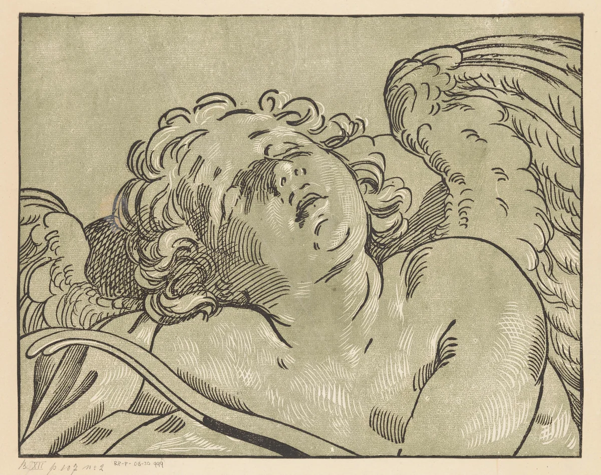 Slapende Amor by Bartolommeo Coriolano, print, 1609-1676