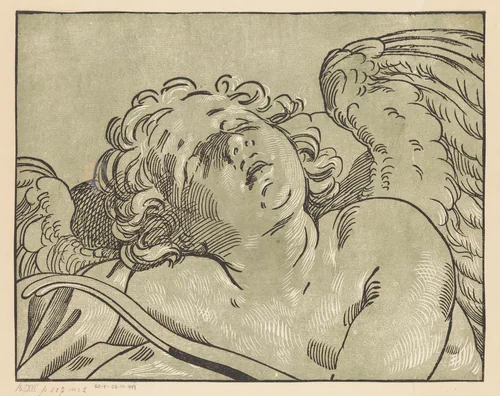 Slapende Amor by Bartolommeo Coriolano, print, 1609-1676