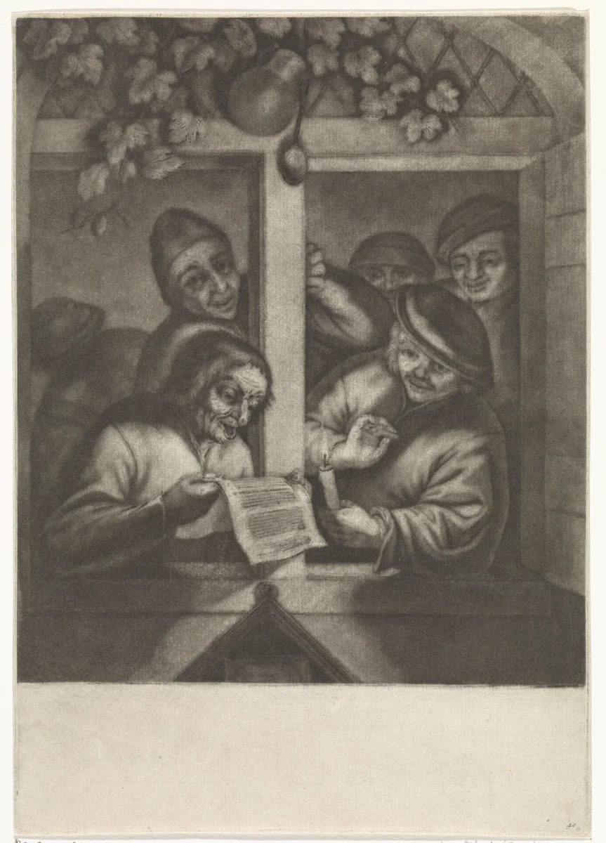 Zangers in een venster by Johannes de Groot, print, 1722-1745