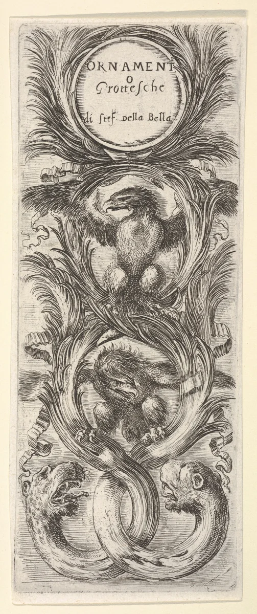 Two eagles with wings spread, below two leopard heads attached to tree trunks that form three circles, from "Ornaments or Grotesques" (Ornamenti o Grottesche) by Stefano della Bella, print, 1650-1656