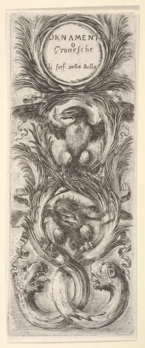 Two eagles with wings spread, below two leopard heads attached to tree trunks that form three circles, from "Ornaments or Grotesques" (Ornamenti o Grottesche) by Stefano della Bella, print, 1650-1656