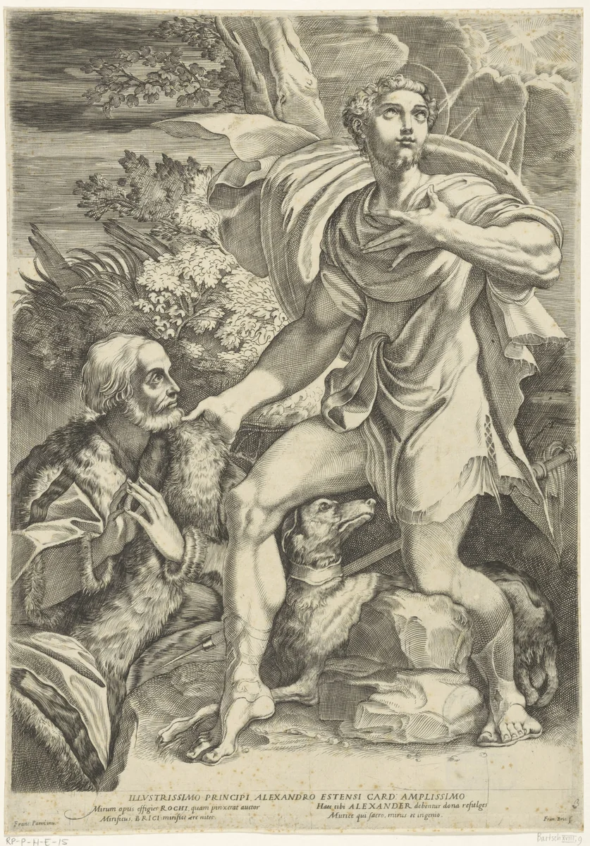 Heilige Rochus smeekt bescherming van oudere edelman af by Unknown, print, 1584-1623
