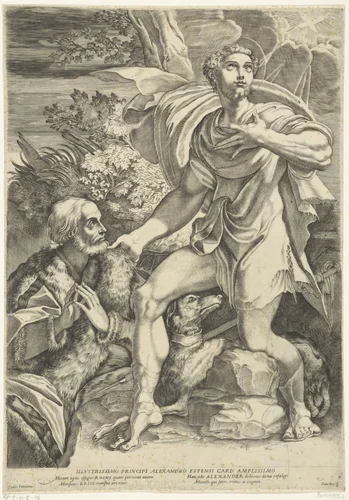Heilige Rochus smeekt bescherming van oudere edelman af by Unknown, print, 1584-1623