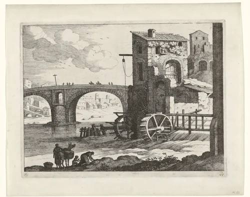 Brug en watermolen by Guilliam van Nieulandt, print, 1594-1635