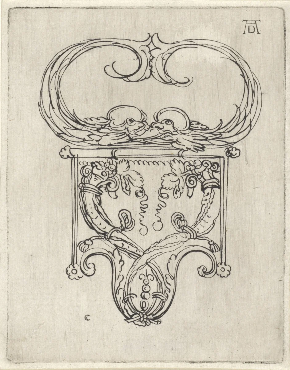 Ornament met twee dolfijnen en hoornen des overvloeds by Wenceslaus Hollar, print, 1642