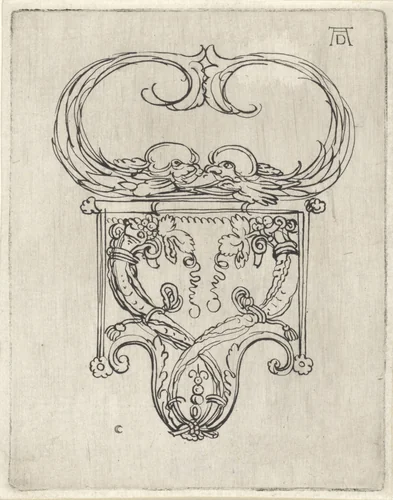 Ornament met twee dolfijnen en hoornen des overvloeds by Wenceslaus Hollar, print, 1642