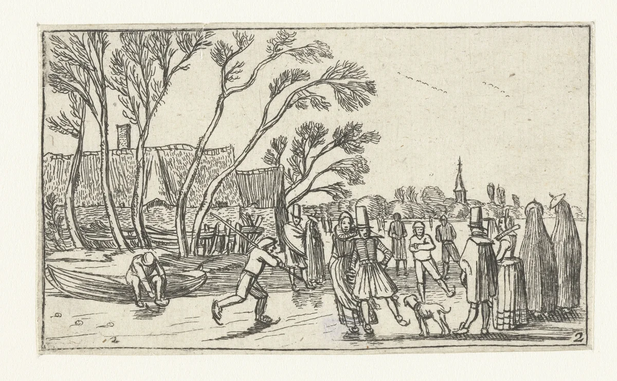 Schaatsers op het ijs bij een boerderij by anonymous, print, 1610-1617