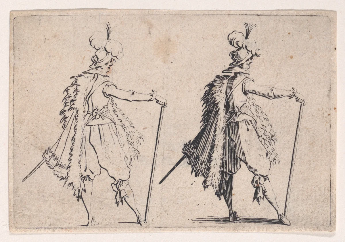 Le Gentilhomme a la Grande Canne (The Gentleman with a Large Cane), from Les Caprices Series B, The Nancy Set by Jacques Callot, print, 1617-1620