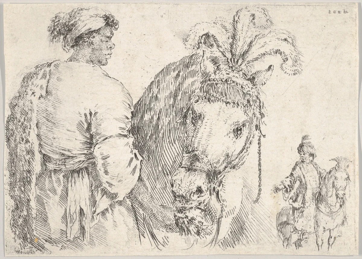 A man at left in profile giving a handful of hay to a horse at center, a horseman to the right in background by Stefano della Bella, print, 1660-1664