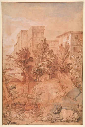 Landscape with a Large Villa on a Hilltop by Charles Joseph Natoire, drawing, 1759