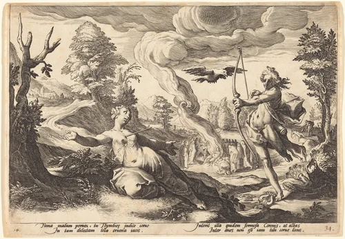 Apollo Killing Coronis by Robert de Baudous; Hendrick Goltzius, portfolio, 1590-1690