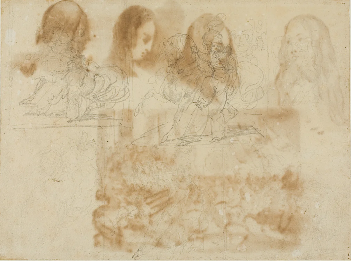 Six Sketches of a Chasseur Beside His Horse by Jean Louis André Théodore Géricault, drawing, 1813-1814