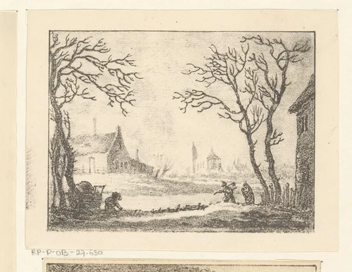 Winterlandschap met huizen en figuren by Pieter Bartholomeusz. Barbiers, print, 1809-1837
