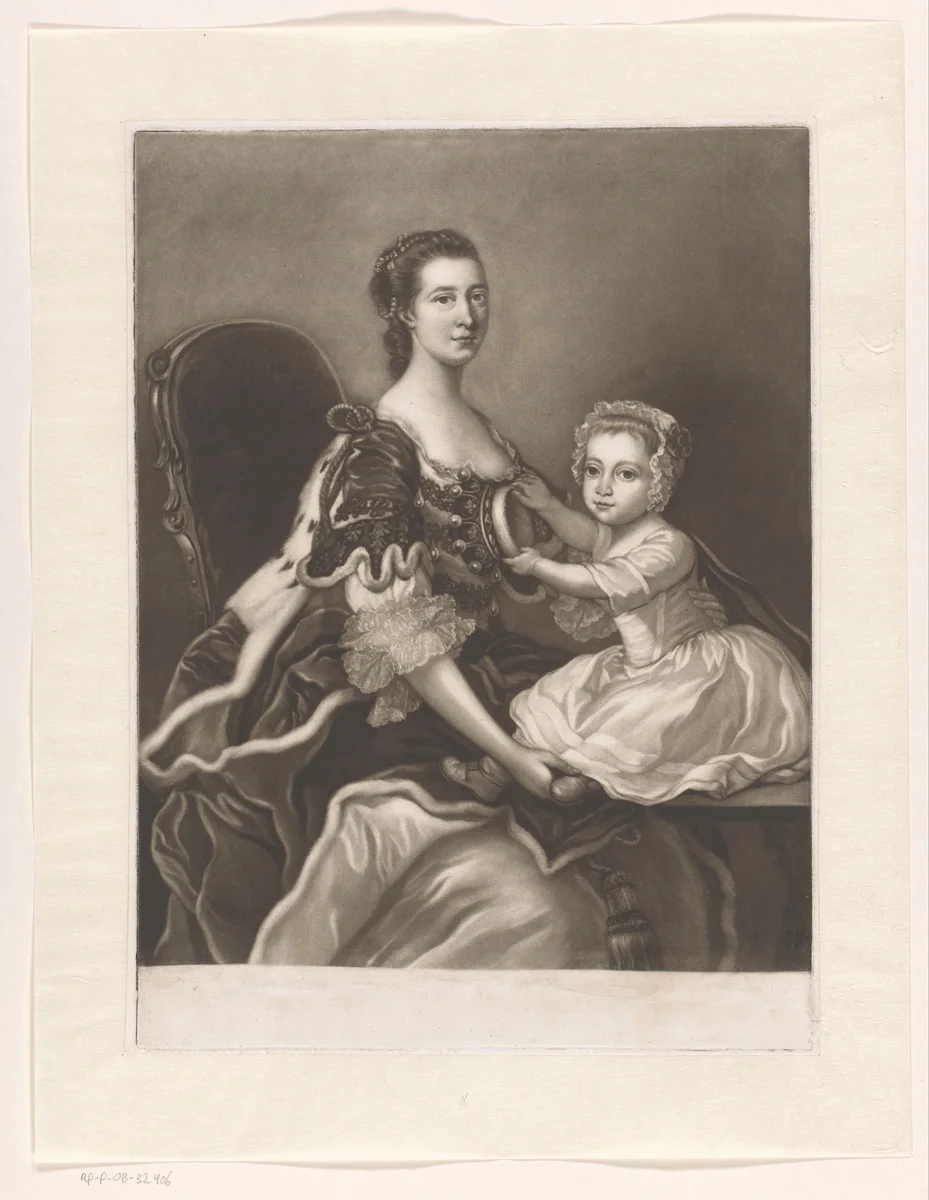 Portret van Catherine Perceval en haar zoon Charles by James McArdell, print, 1765