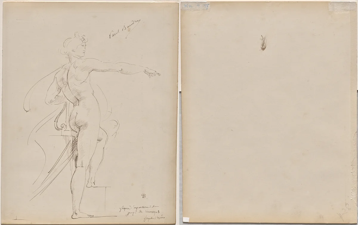 Study of Apollo for Marsyas (recto); Face in Profile (verso) by Paul Baudry, drawing, 1865-1869