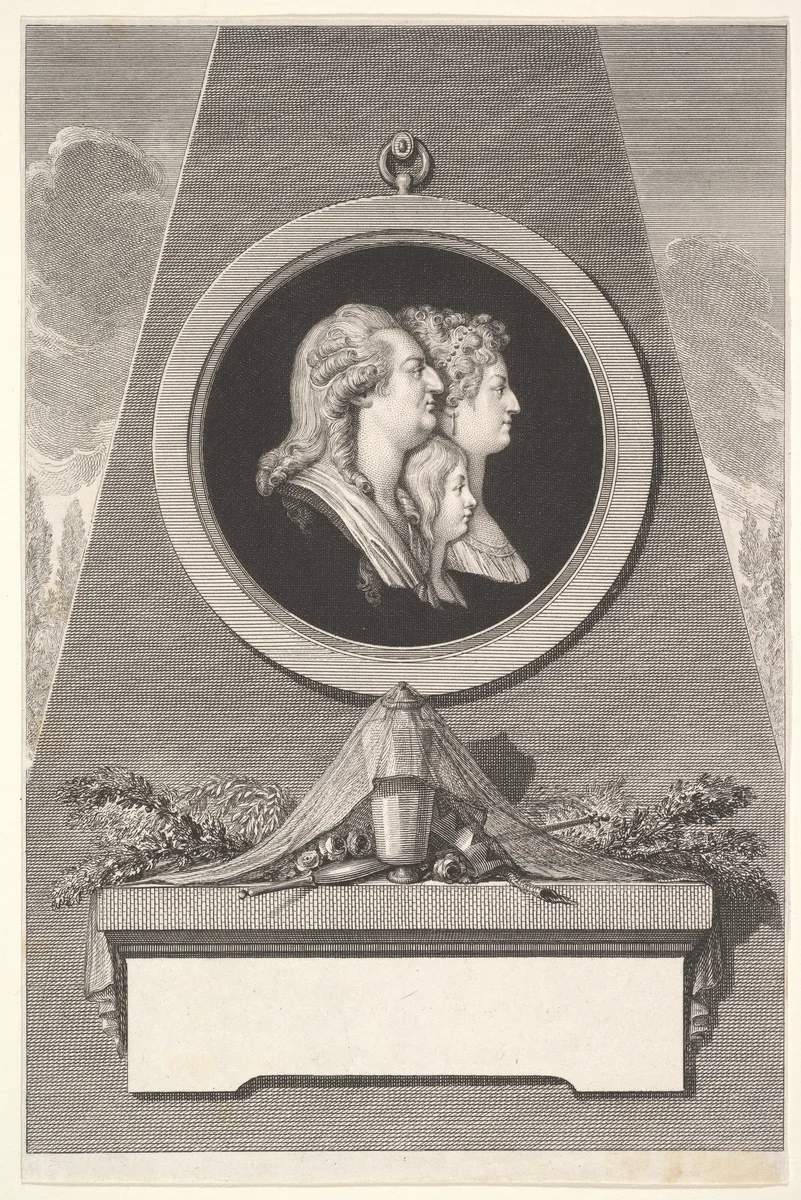 Portrait of Louis XVI, Marie Antoinette and The Dauphin by Augustin de Saint-Aubin, print, 1786-1796