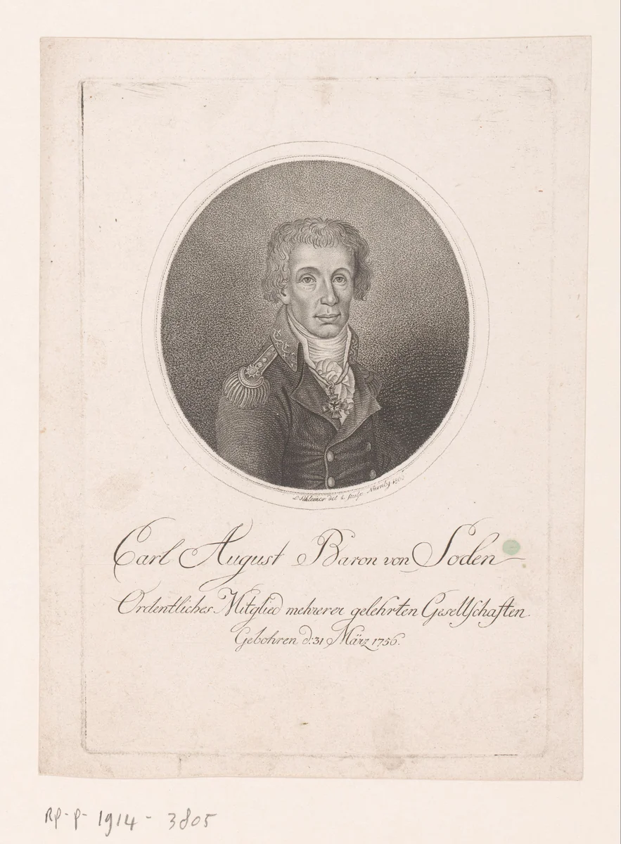 Portret van Carl August, baron von Soden by Leonhard Schlemmer, print, 1782-1818