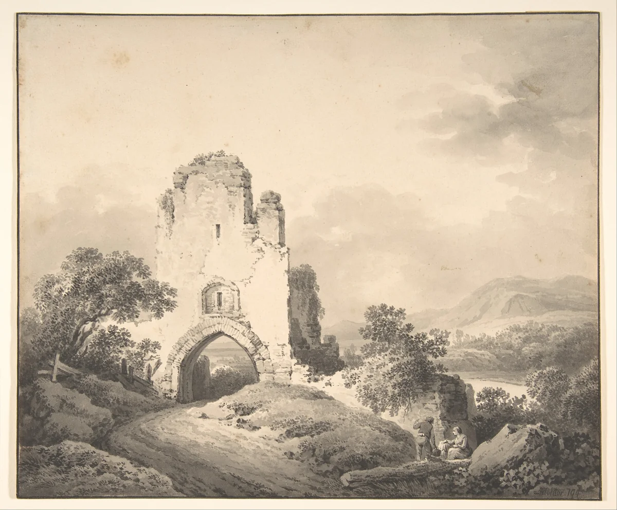 Landscape with a Ruined Tower and Two Figures by Martin von Molitor, drawing, 1794