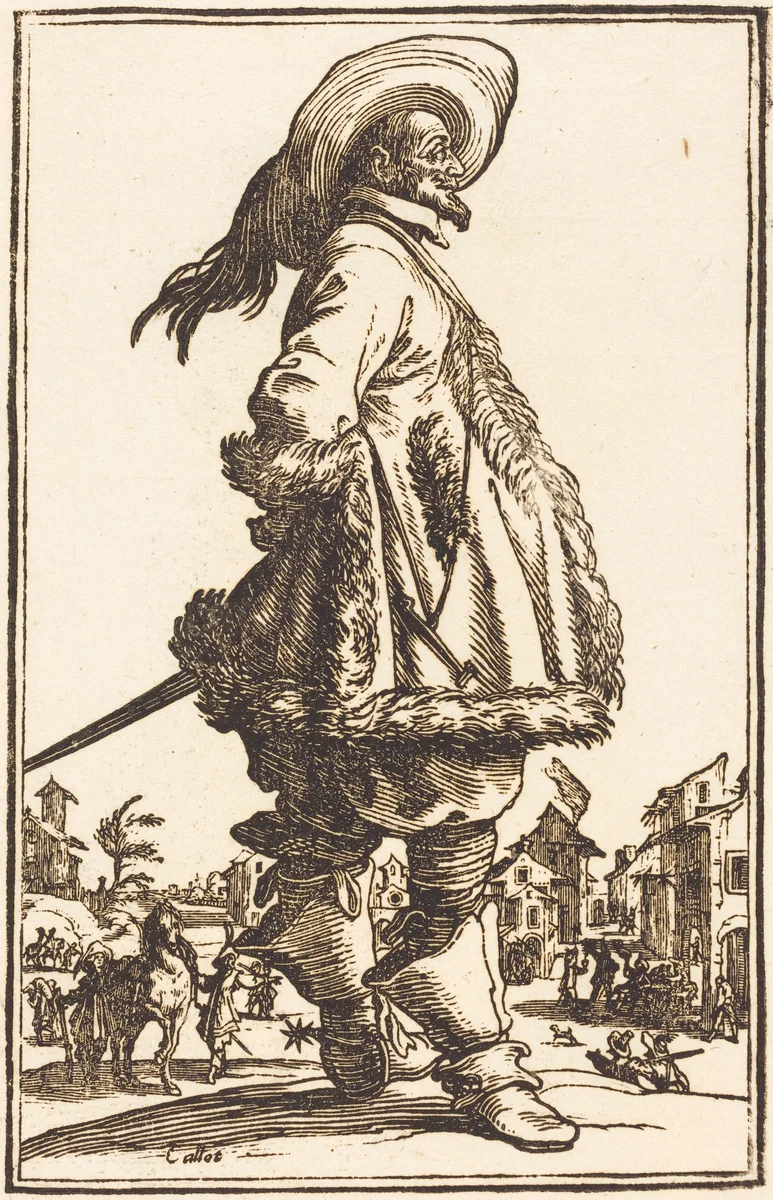 Noble Man with Mantle Trimmed in Fur, Holding his Hands Behind his Back by Jacques Callot, print, 1623-1699