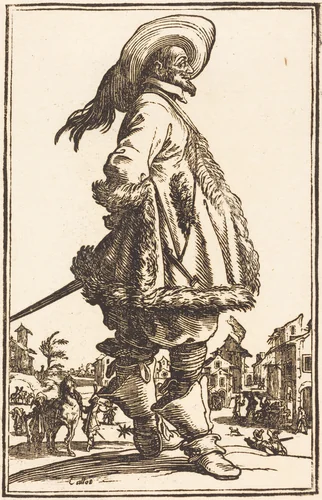Noble Man with Mantle Trimmed in Fur, Holding his Hands Behind his Back by Jacques Callot, print, 1623-1699