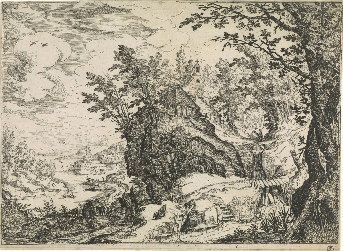 Berglandschap met een kerk by Nicolas Moillon, print, 1613